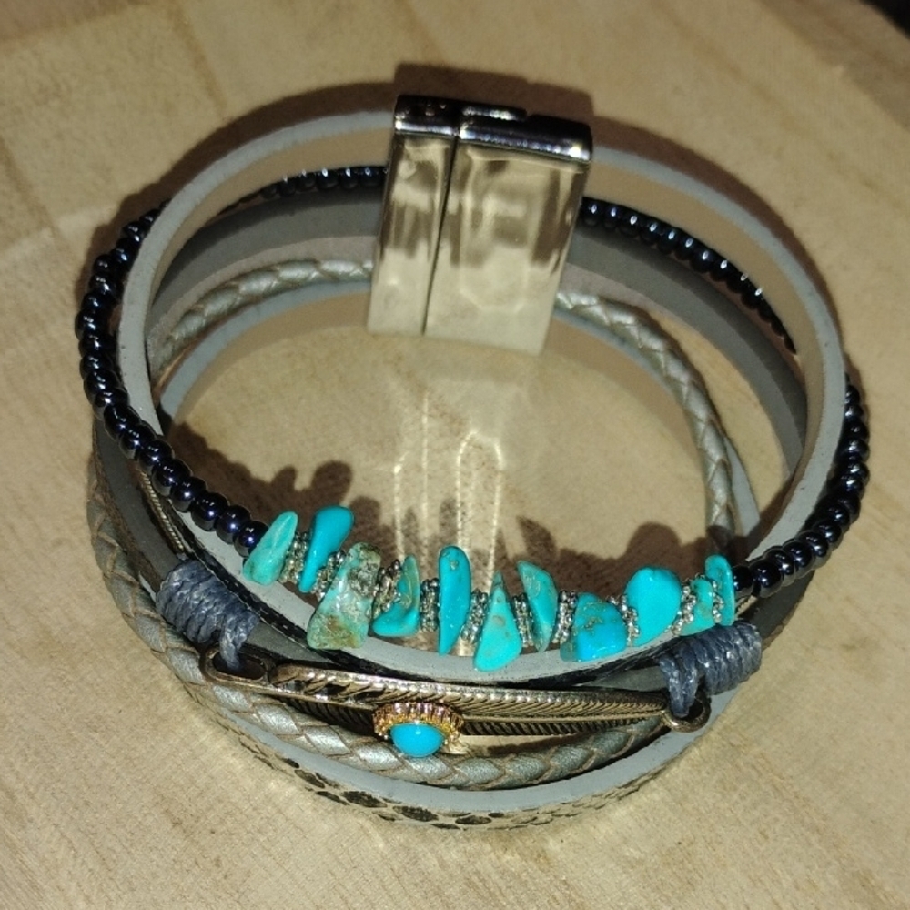 Turquoise Like  and Silver Multi-Layer Bracelet